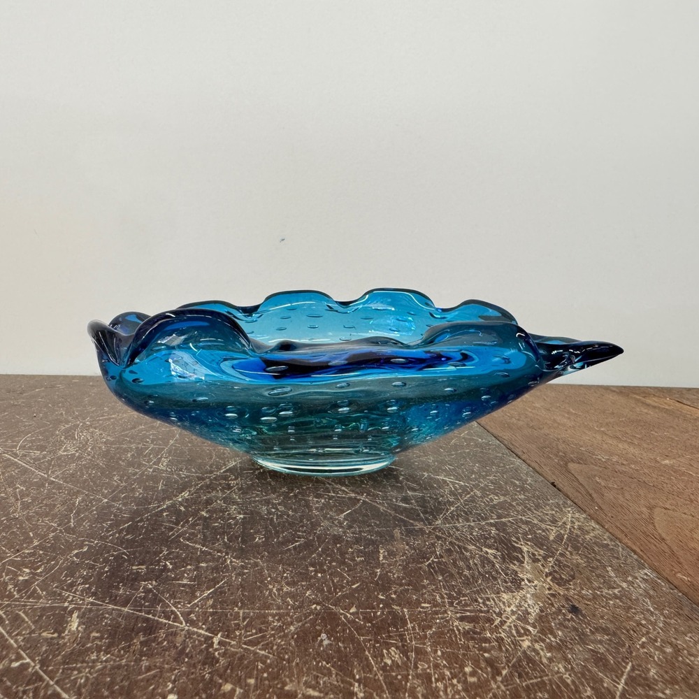 Large Blue Art Glass Bubble Bowl Ashtray Candy‎ Dish Murano Style